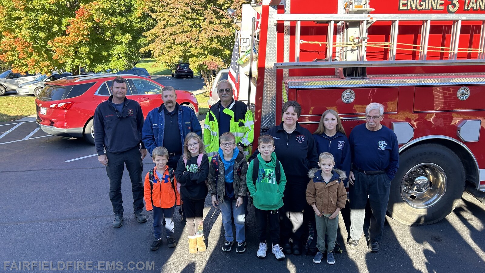 2026 Coloring Contest Winners with members of Fairfield & Fountaindale Fire Departments.