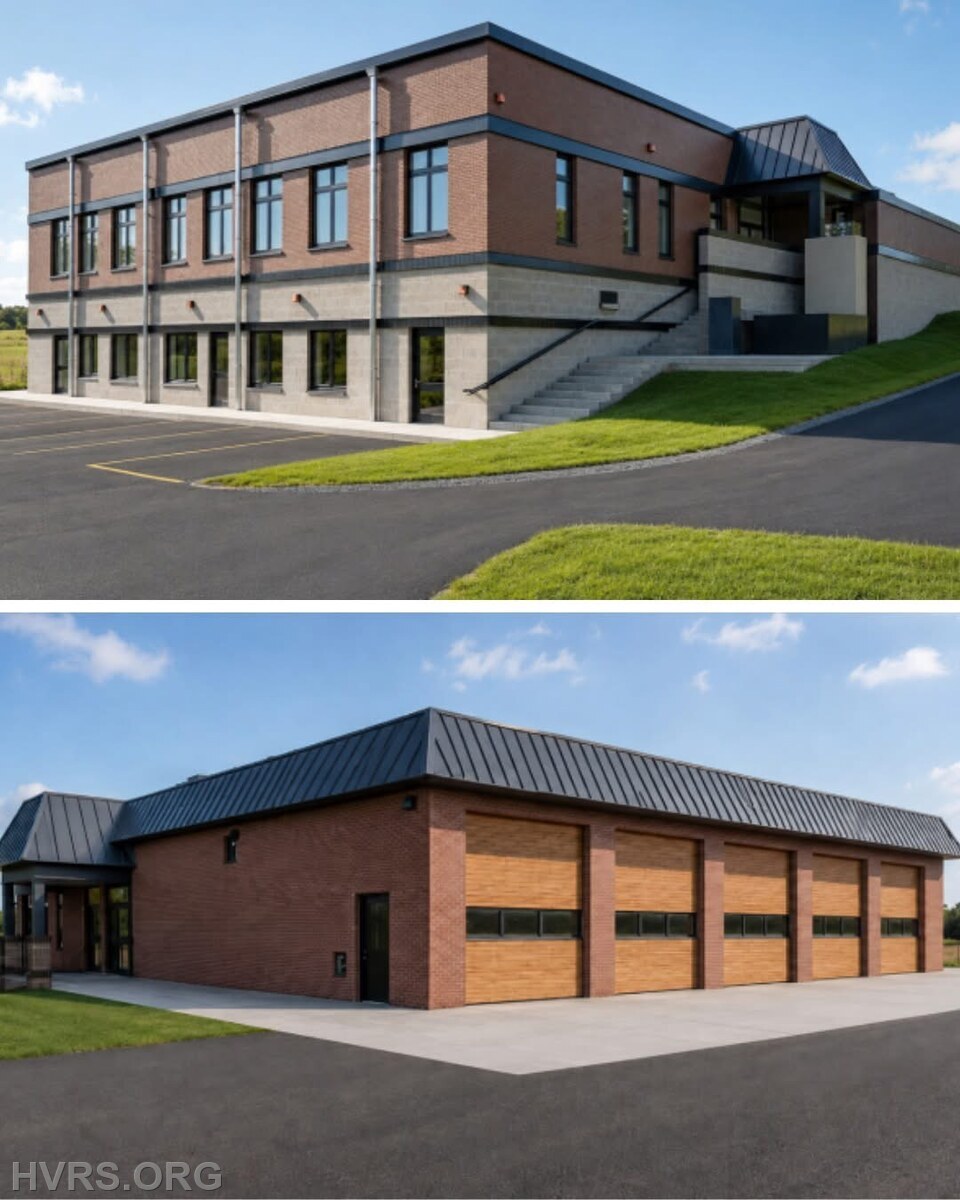 New two story addition in the rear of station with ambulances facing Three Notch Road.